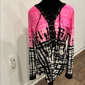 Vibrant Pink and Black Lace-Up Women's Long Sleeve Top